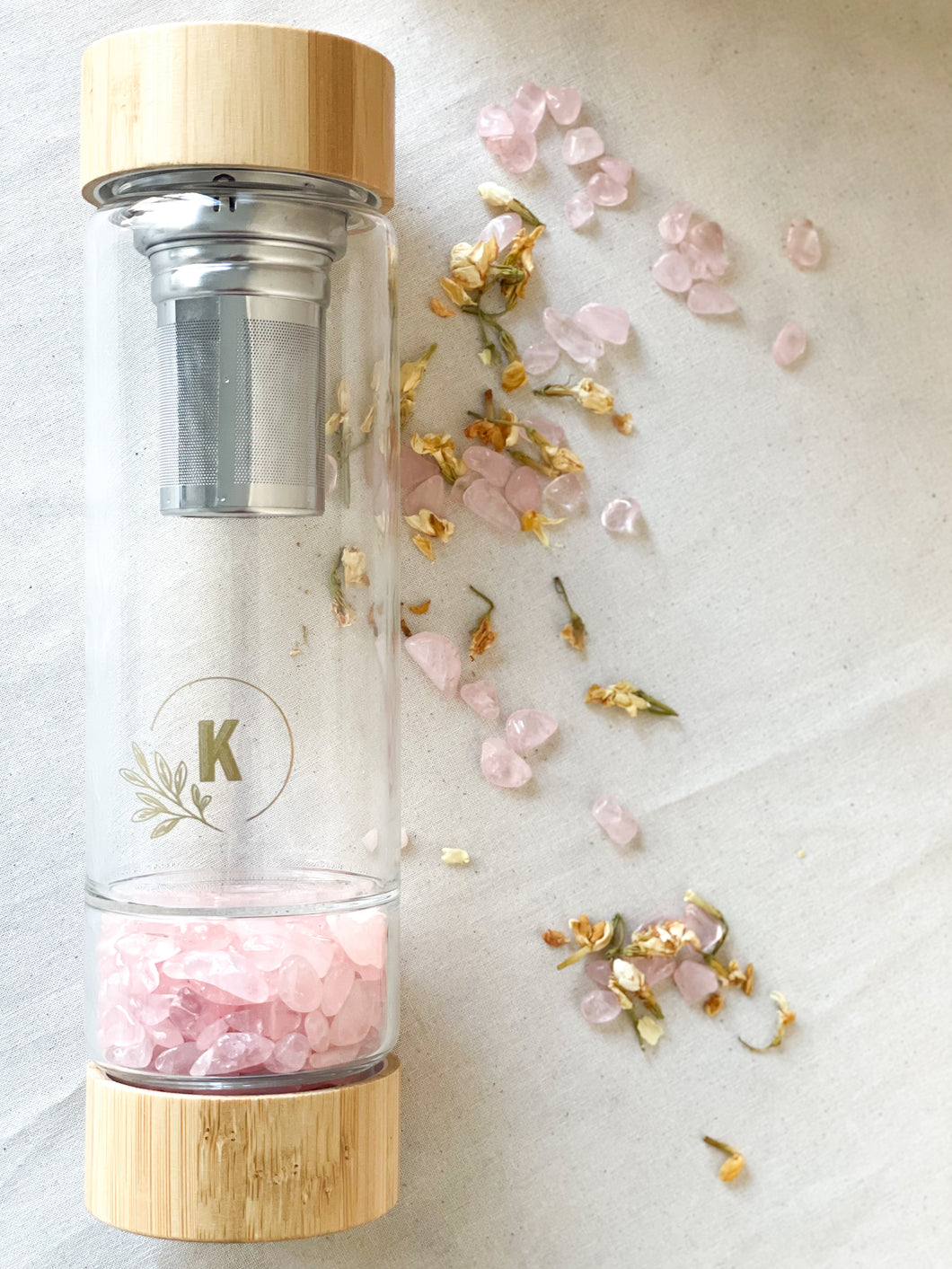 Rose Quartz Gemstone Glass Bottle with Tea Infuser